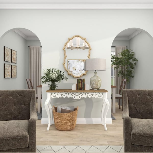 46 in. White Extra Large Rectangle Wood Intricately Carved Floral Console Table with Brown Wood Top