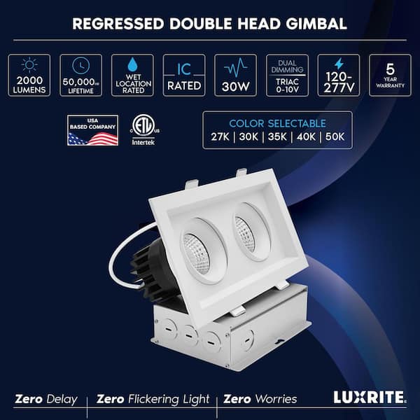 2-Head Integrated LED Rectangular Regressed Gimbal Recessed Light, 360° + 15° Swivel, 5CCT, 30W, 2000LM, Dimmable 2 Pack