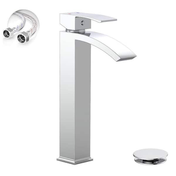 Single Handle Waterfall Vessel Sink Faucet with Drain Kit Included in Polshed Chrome