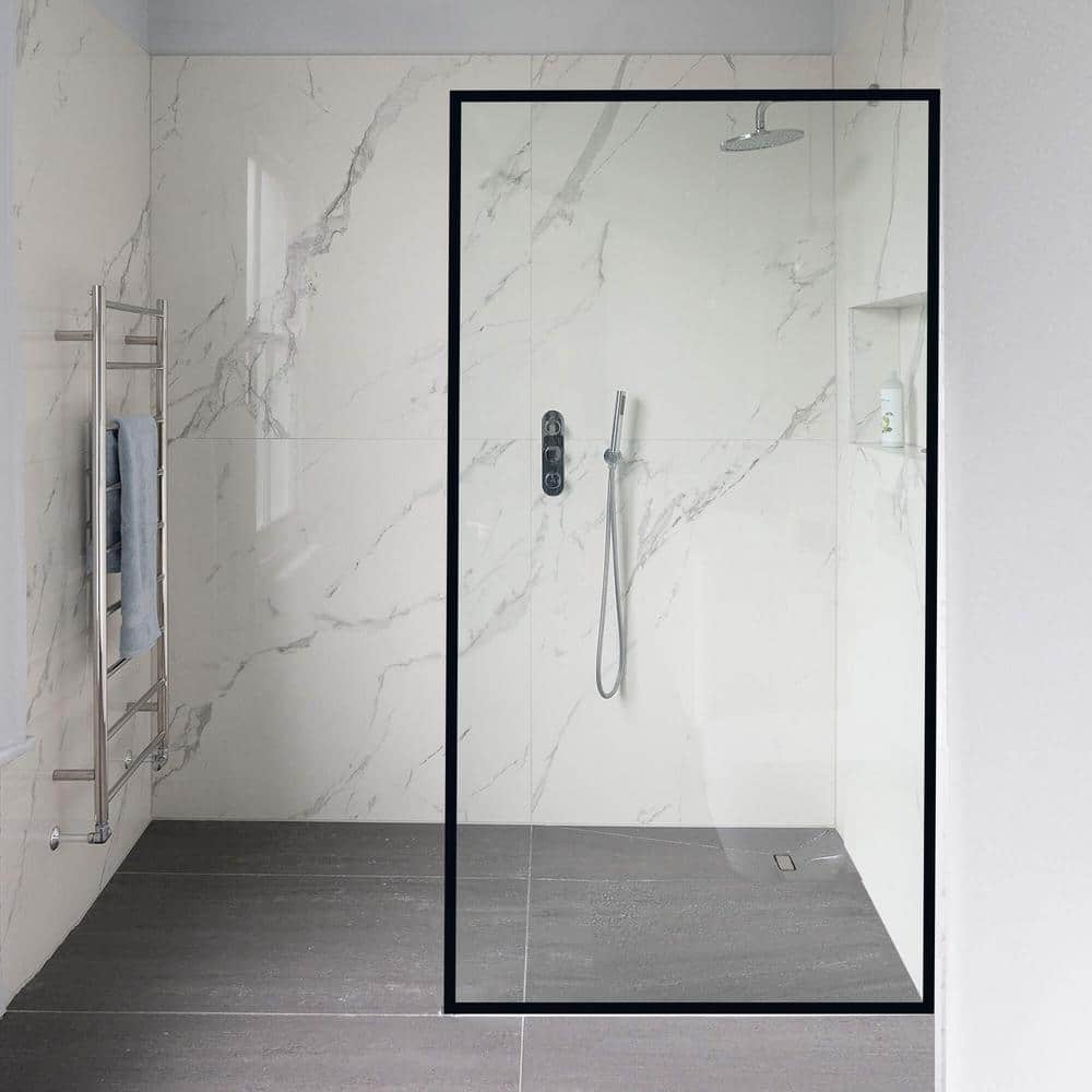 Velvon 34" x 74" Matte Black Framed Fixed Glass Shower Panel
