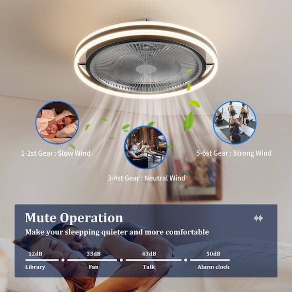TOZING 19.6 in. LED Modern Indoor Black Enclosed Low Profile Flush Mount Ceiling Fan with Light with Remote and APP Control