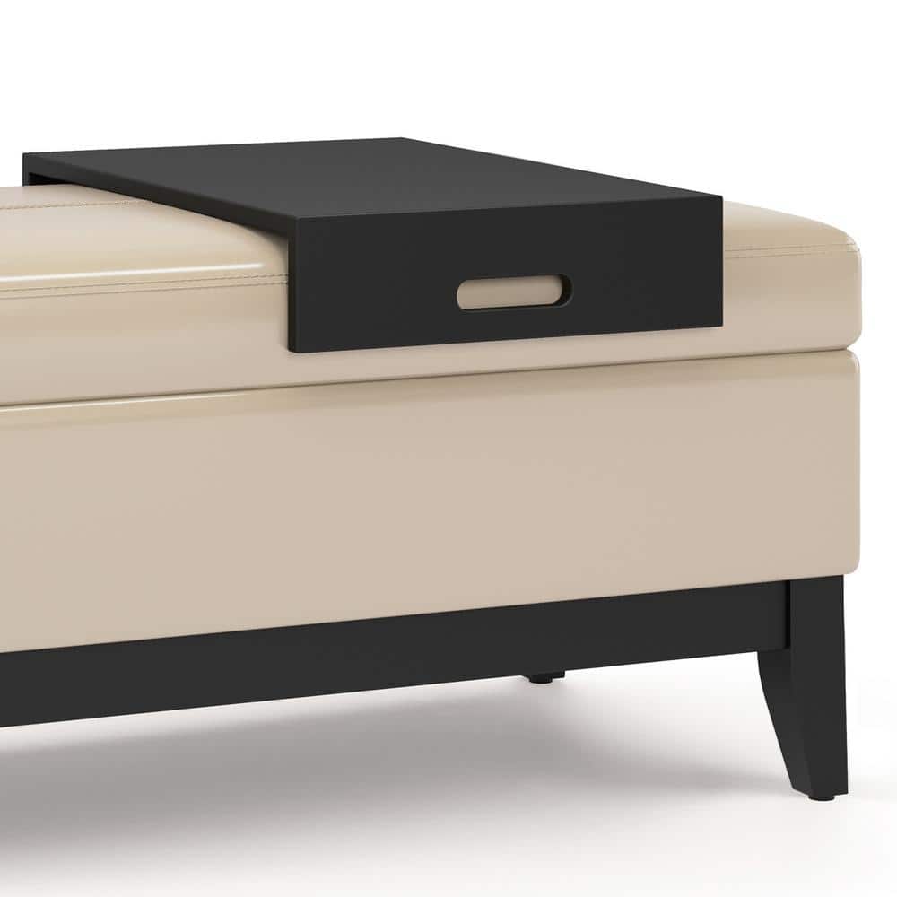 Satin Cream Tufted Faux Leather Footstool with Wooden Tray