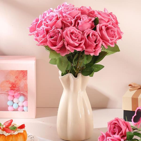 20 in. Pink Outdoor Artificial Rose Plastic Flower for Home 50