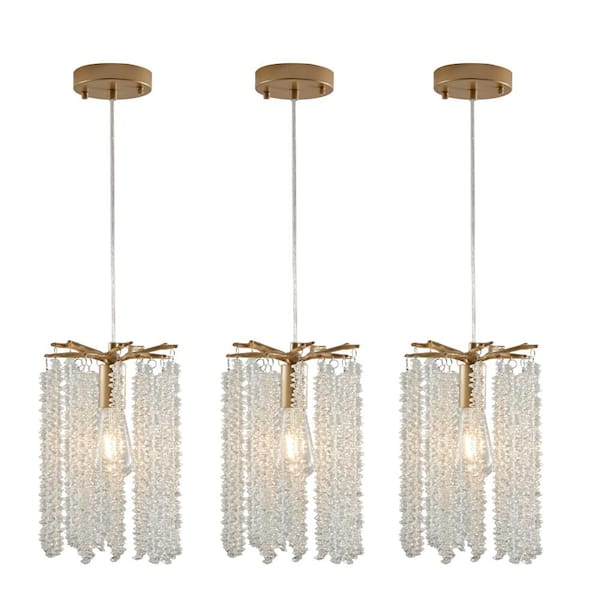 60-Watt 3 Light Gold Shaded Kitchen Pendant Light with Crystal Chandelier Shade, No Bulbs Included