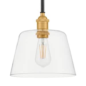 Sherman 1-Light Black Standard Pendant with Aged Brass Accents with Clear Glass Dome Shade