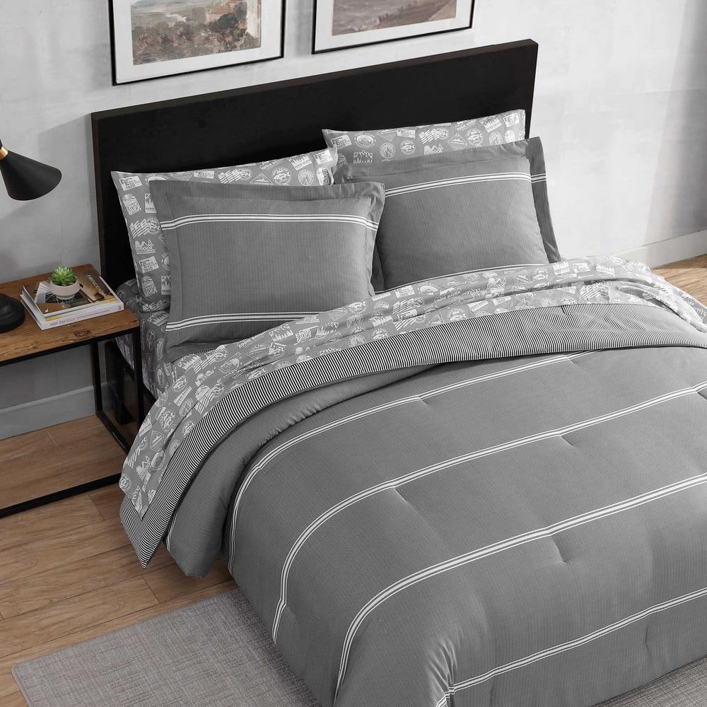 Gray Reversible Microfiber Queen Comforter Set with Chevron Stripes