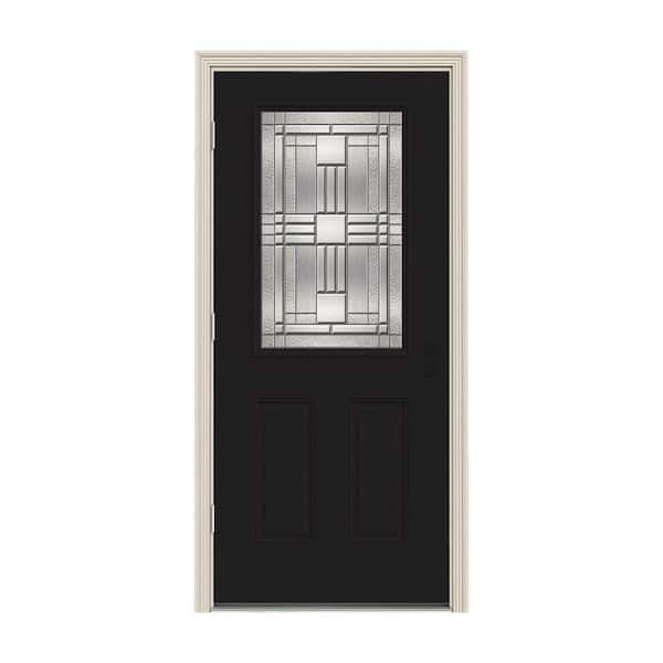 JELD-WEN 36 in. x 80 in. 1/2 Lite Cordova Black Painted Steel Prehung Right-Hand Outswing Front Door w/Brickmould