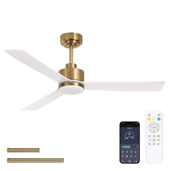 52 in. Indoor Matte White and Gold Brushed Low Profile 3-Colors LED Flush Mount Ceiling Fan with Light Kit and Remote