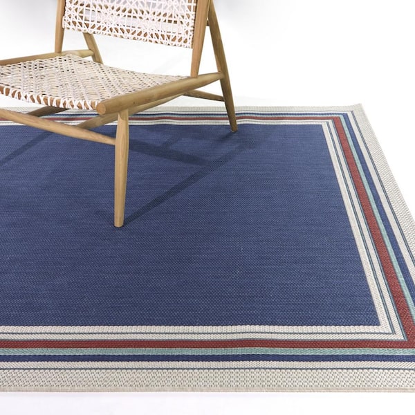 Blue 8 ft. x 10 ft. Striped Border Indoor/Outdoor Area Rug