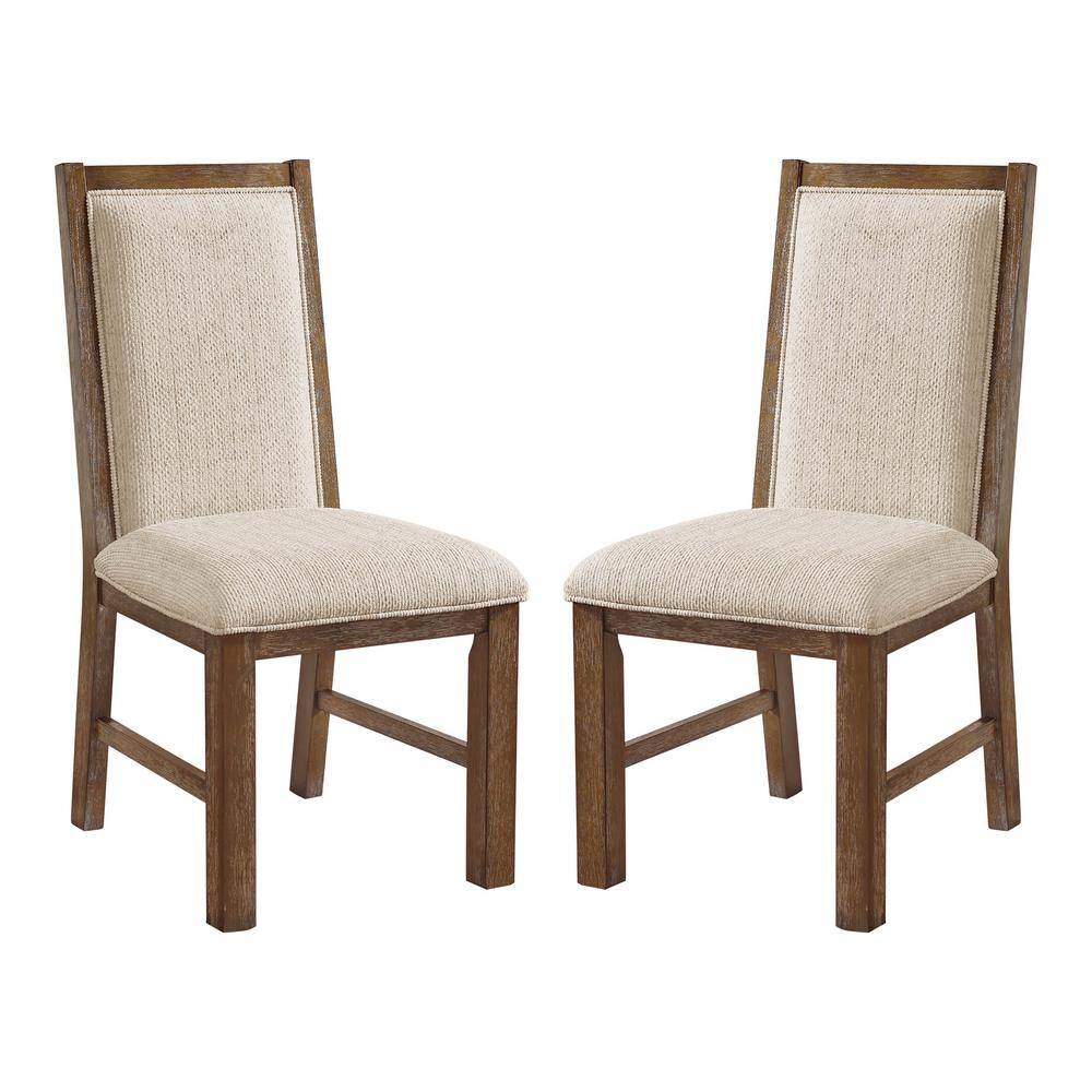Beige Upholstered High Back Wood Side Chair
