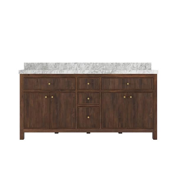 Willow Collections Sonoma Teak 72 in. Double Sink Freestanding Dark Walnut Bath Vanity with Carrara Marble Top Unassembled