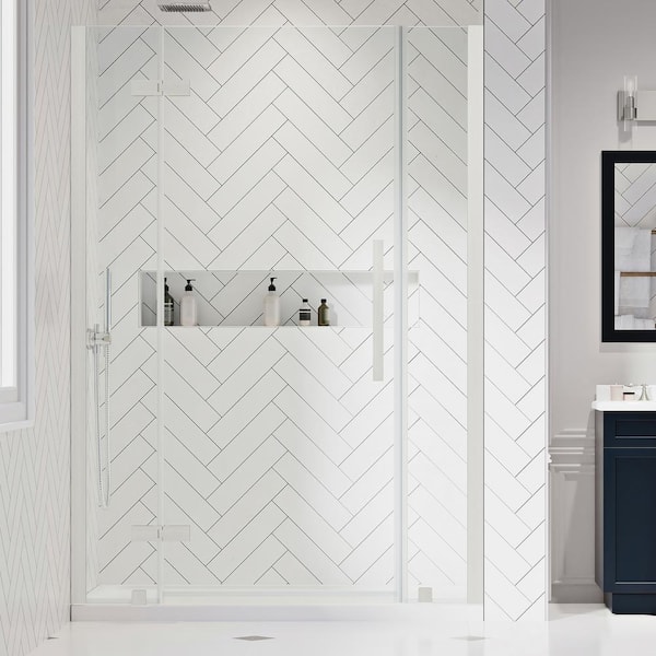 OVE Decors Tampa 48 in. L x 34 in. W x 75 in. H Alcove Shower Kit w/ Pivot Frameless Shower Door in Satin Nickel and Shower Pan