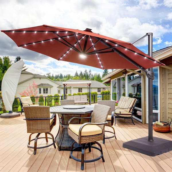 11 ft. Solar LED Round Aluminum Cantilever Outdoor Umbrellas with Base Stand in Rust Red