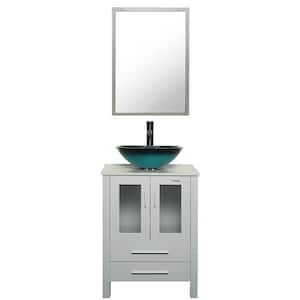 24 in. W x 20 in. D x 32 in. H Single Sink Bath Vanity in Gray with Turquoise Vessel Sink Top ORB Faucet and Mirror
