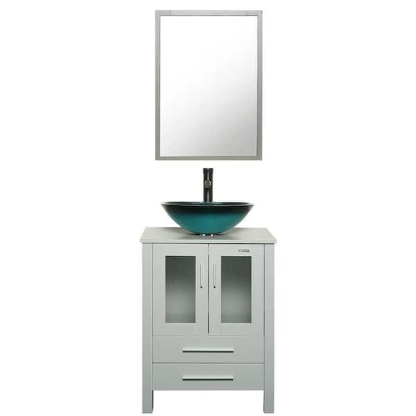 eclife 24 in. W x 20 in. D x 32 in. H Single Sink Bath Vanity in Gray with Turquoise Vessel Sink Top ORB Faucet and Mirror