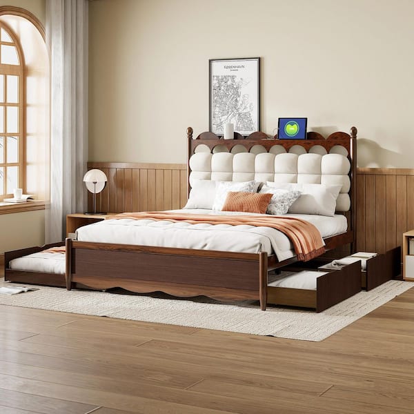 Walnut(Brown) Wood Frame Queen Size Velvet Upholstered Platform Bed with 2-Drawers, Twin Trundle, Sockets and USB Ports