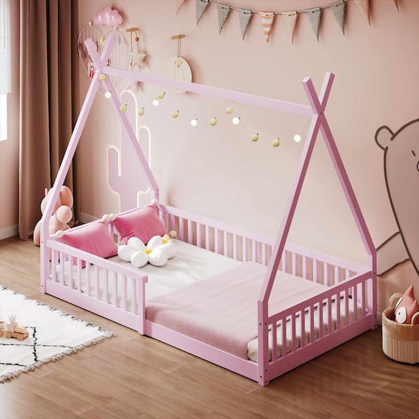 Pink Wood Frame Twin Size Platform Bed with Fence