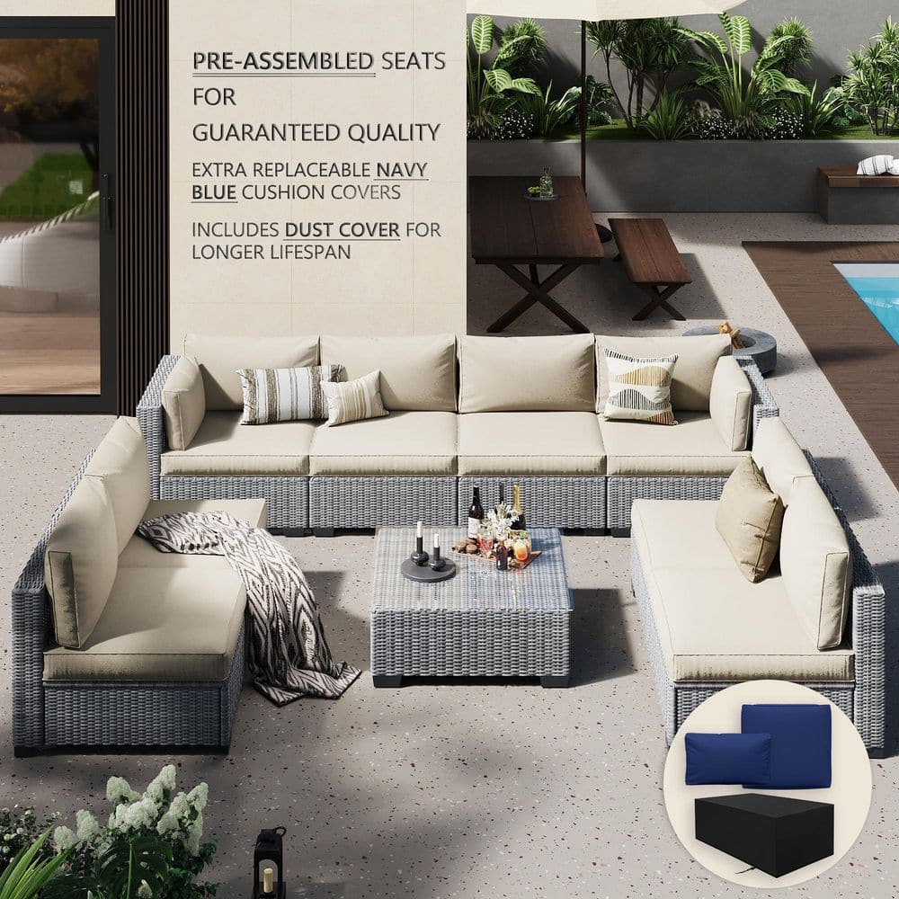 Hav Rattan 9p Stabenton 9-Piece Wicker Rattan Outdoor Patio Conversation Sofa Seating ...