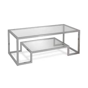Athena 45 in. Nickel Rectangle Glass Coffee Top Table with Shelf