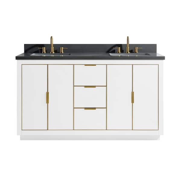Avanity Austen 61 in. W x 22 in. D Bath Vanity in White with Gold Trim with Quartz Vanity Top in Gray with White Basins