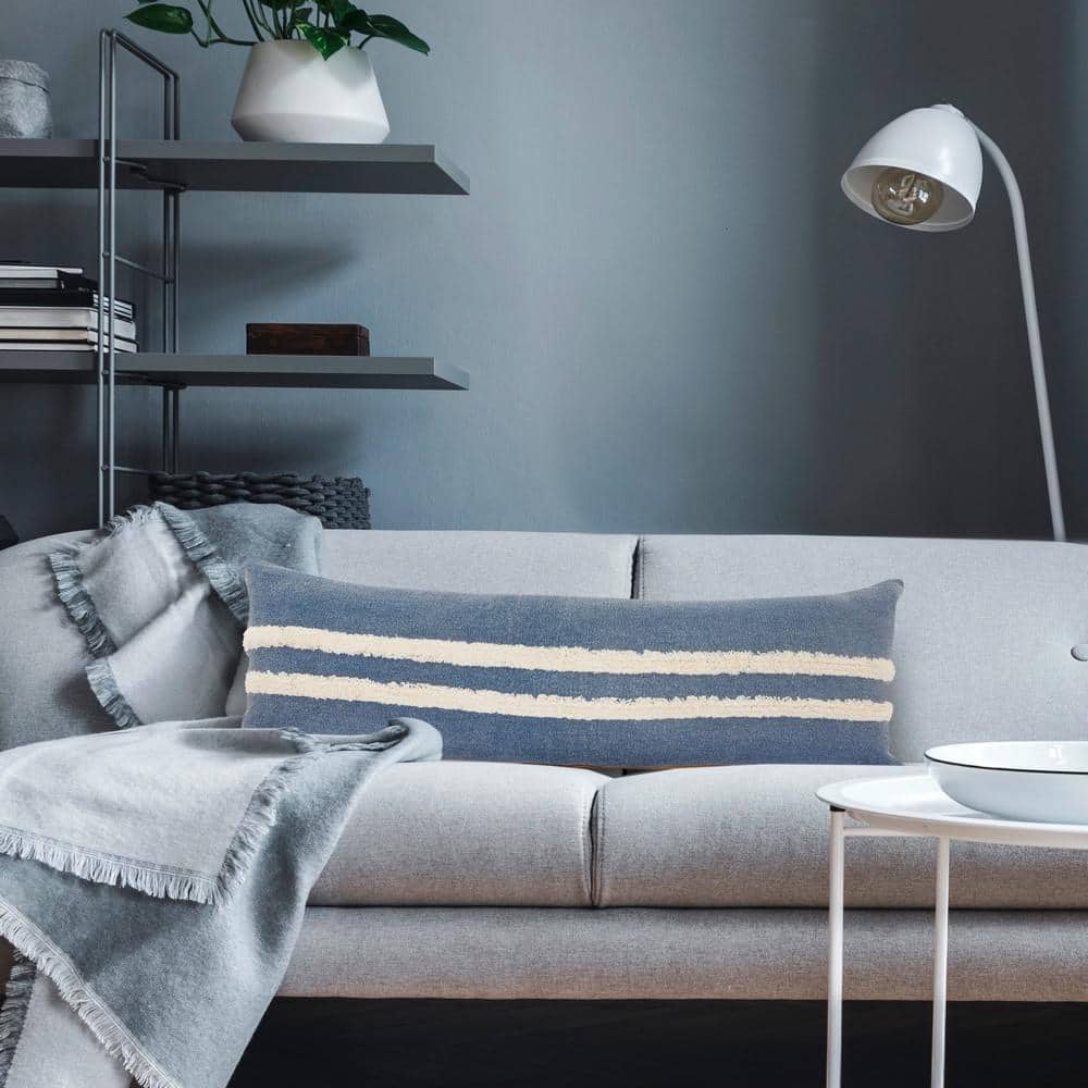 Dusty Blue and White Striped Tufted Lumbar Throw Pillow, 14" x 36"