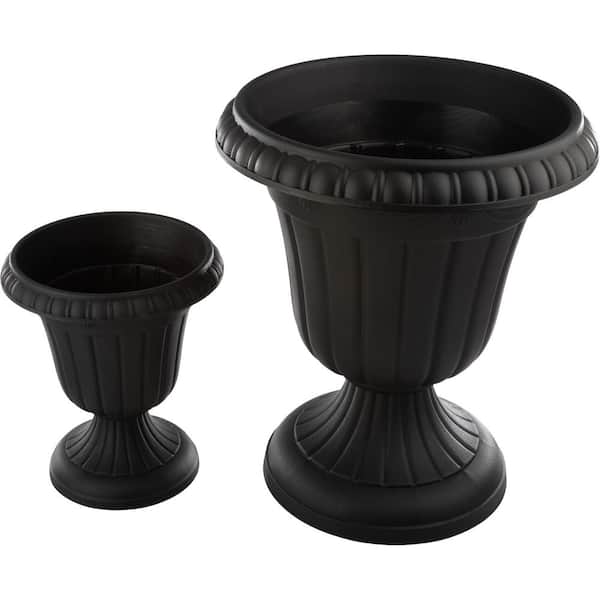 Pure Garden 16 in. W x 18 in. H and 9.75 in. W x 11.25 in. H Plastic Large and Small Urn Planter, Black (Pack-2)