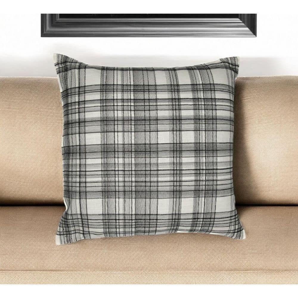 White and Black Embroidered Cotton Blend Square Throw Pillow