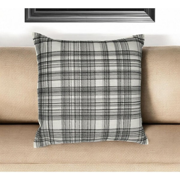 HomeRoots White, Black Plaid Polyester 20 in. x 20 in. Throw Pillow