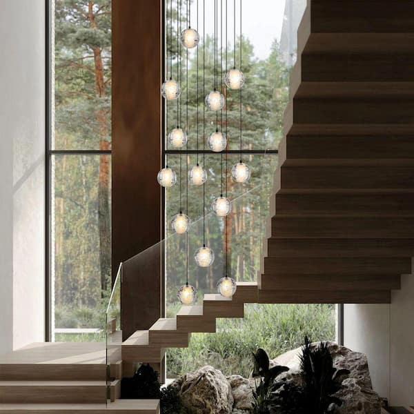 Gleam Flare 14-Lights Black Staircase Chandelier, Modern Pendant