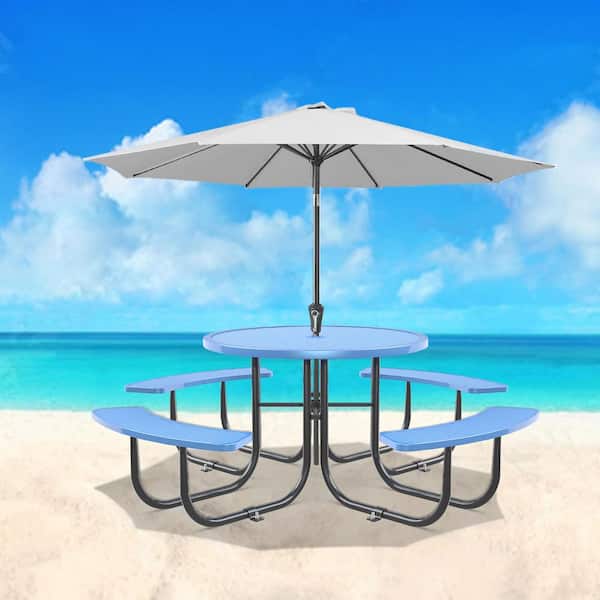 78.7 in. W Round Blue Outdoor Steel Picnic Table Seats 4-8 People at Once with 2.05 in. Umbrella Hole and 4 Benches