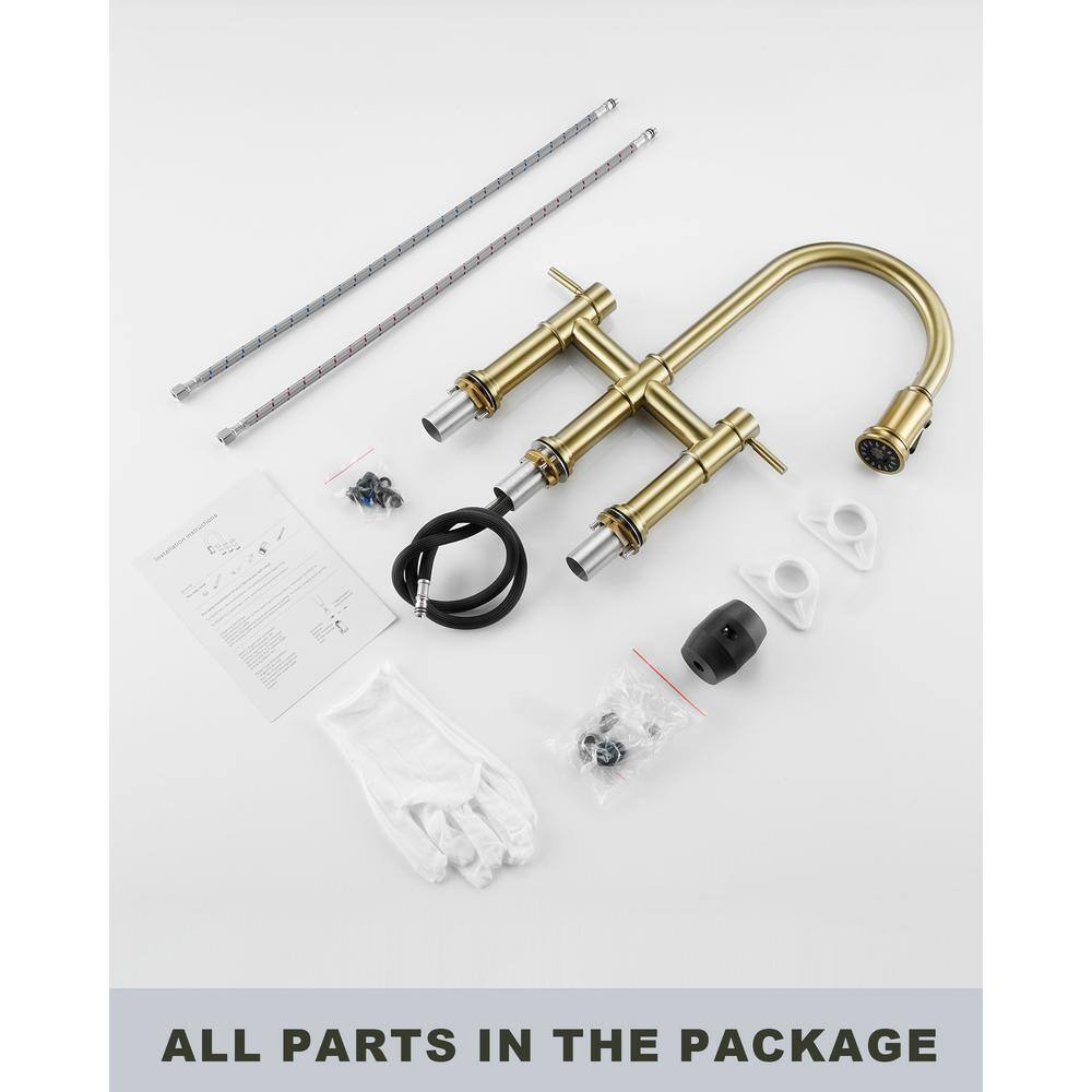 Gold Double Handle Bridge Kitchen Faucet with Pull Down Sprayer