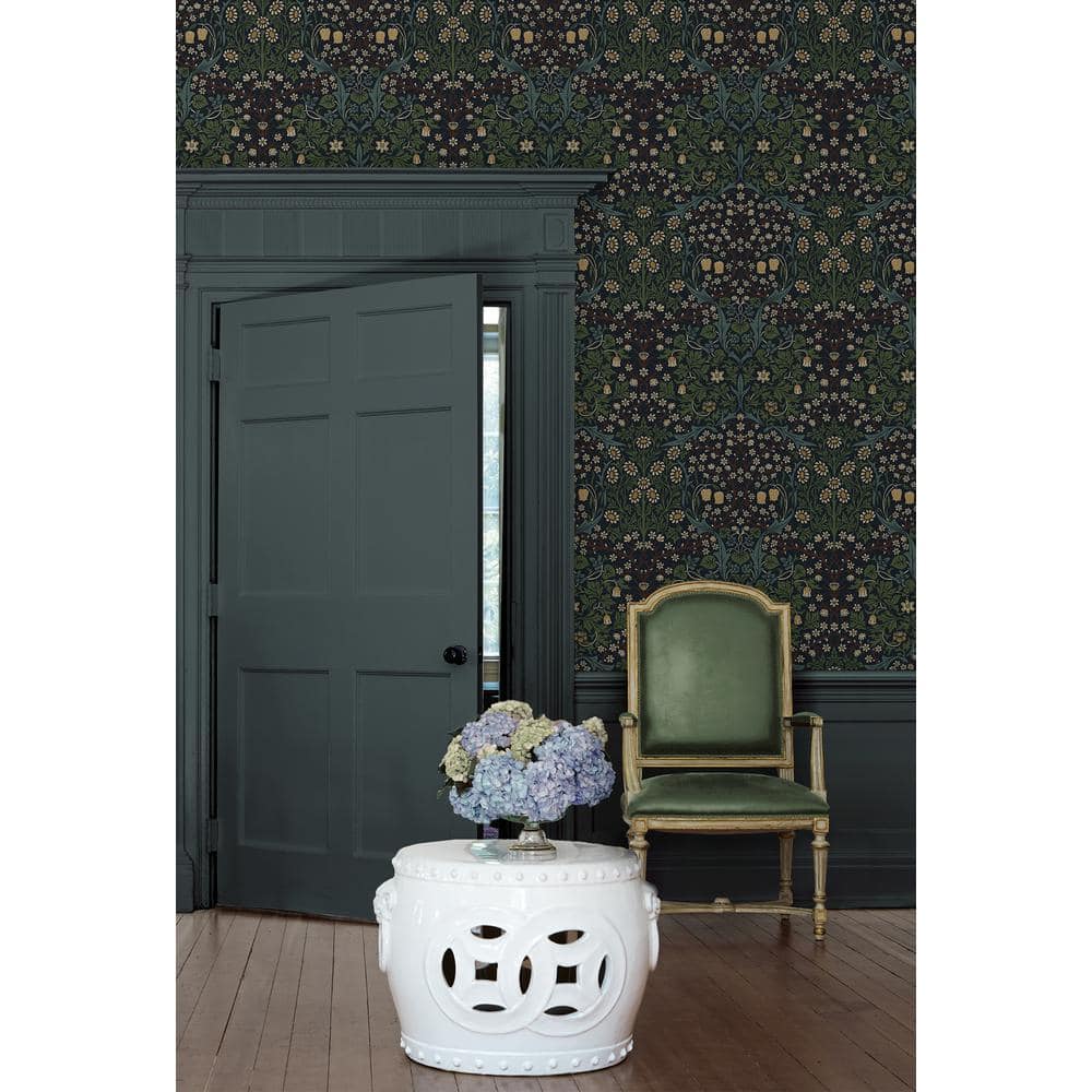 Midnight Blue & Evergreen Victorian Garden Floral Wallpaper