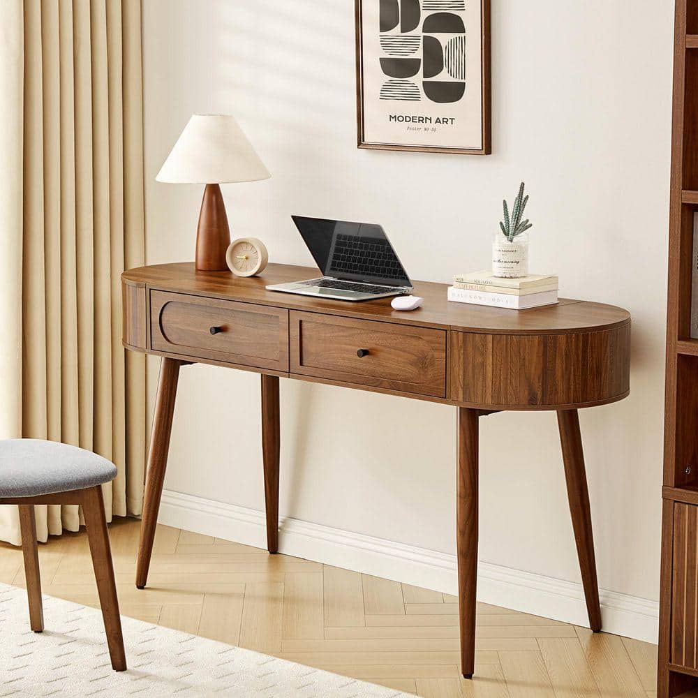 ATHMILE 19.69 in. Arc-Shaped Walnut MDF 2-Drawer Desk with Storage