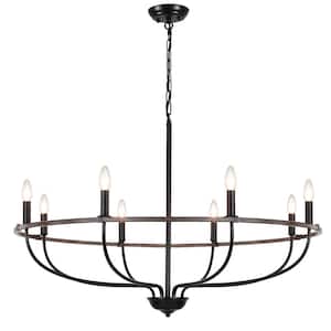 Harri 8 Light Black & Wood color Farmhouse Wagon Wheel Chandelier for Living Room, Dining room with no bulbs included