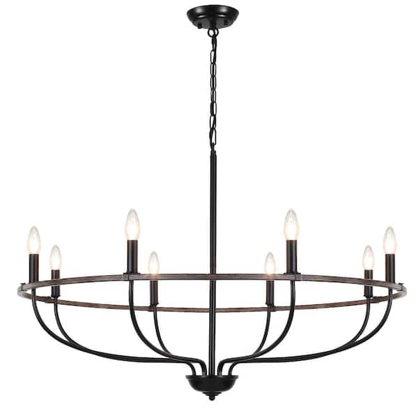LWYTJO Harri 8 Light Black & Wood color Farmhouse Wagon Wheel Chandelier for Living Room, Dining room with no bulbs included