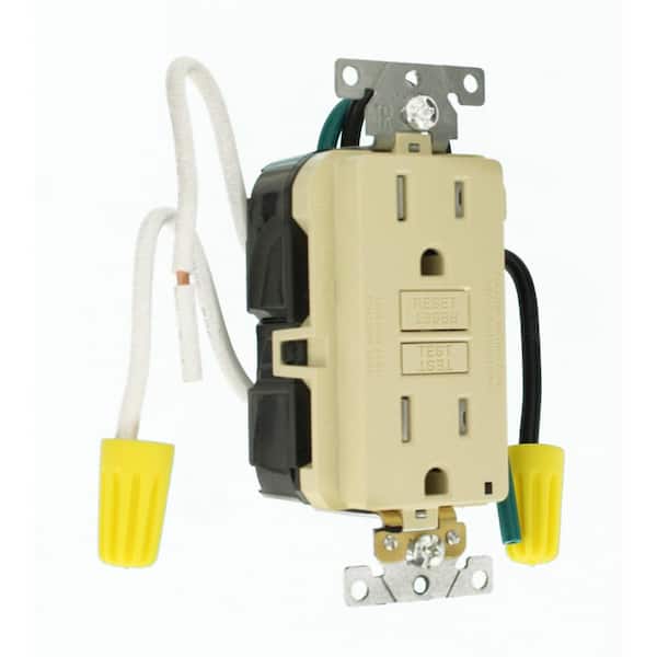Leviton 15 Amp SmartlockPro Industrial Grade Heavy Duty Tamper Resistant GFCI Outlet with Leads, Ivory GFTR1-5LI