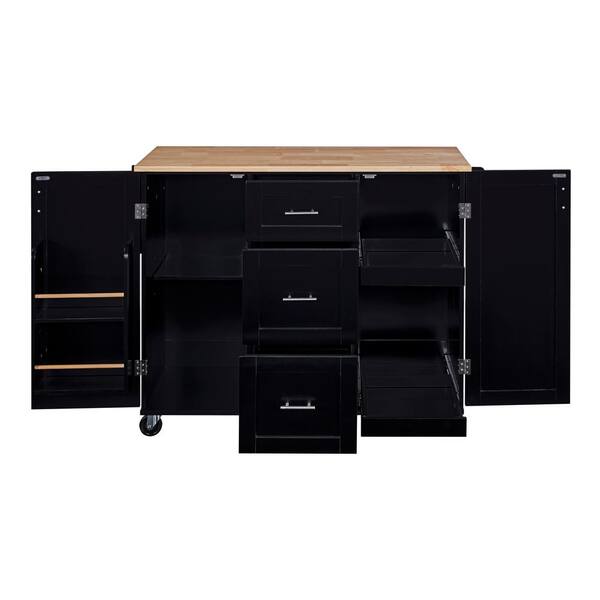 Black Wood 50 in. W Kitchen Island with 3Drawers, 2SlideOut Shelves