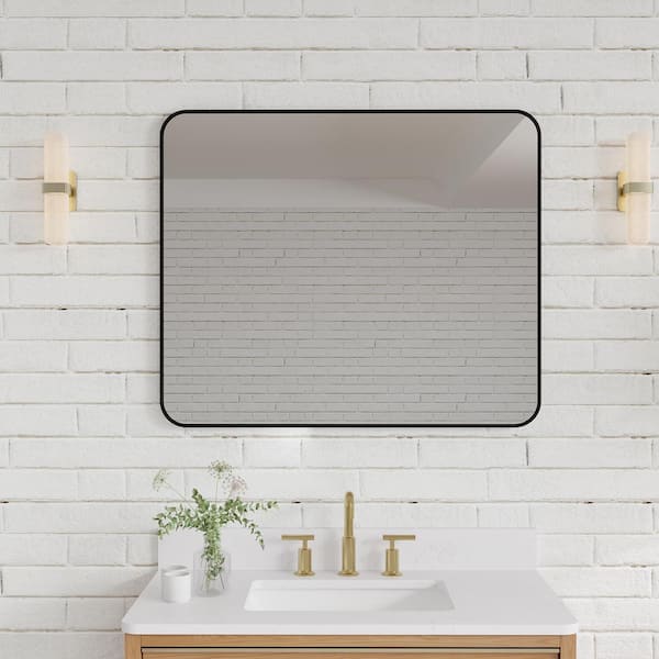 ANGELES HOME 30 in. W x 36 in. H Large Rectangular Anodized Aluminum Framed Wall Bathroom Vanity Mirror in Matte Black