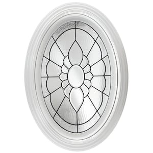 23.25 in. x 35.25 in. Decorative Glass Fixed Oval Geometric Vinyl Windows Floral PE Glass, Nickel Caming in White