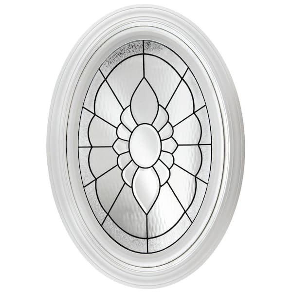 Hy-Lite 23.25 in. x 35.25 in. Decorative Glass Fixed Oval Geometric Vinyl Windows Floral PE Glass, Nickel Caming in White Frame