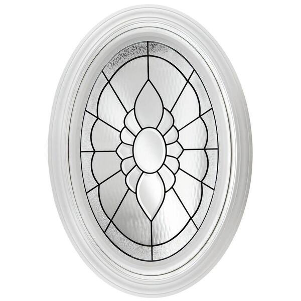 Hy-Lite 23.25 in. x 35.25 in. Decorative Glass Fixed Oval Geometric Vinyl Windows Floral Glass, Black Caming in White