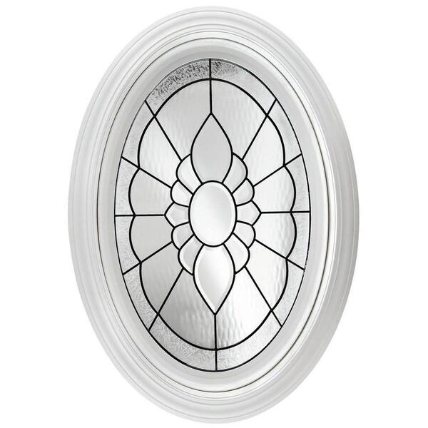 Hy-Lite 23.25 in. x 35.25 in. Decorative Glass Fixed Oval Geometric Vinyl Windows Floral Glass, Nickel Caming in White