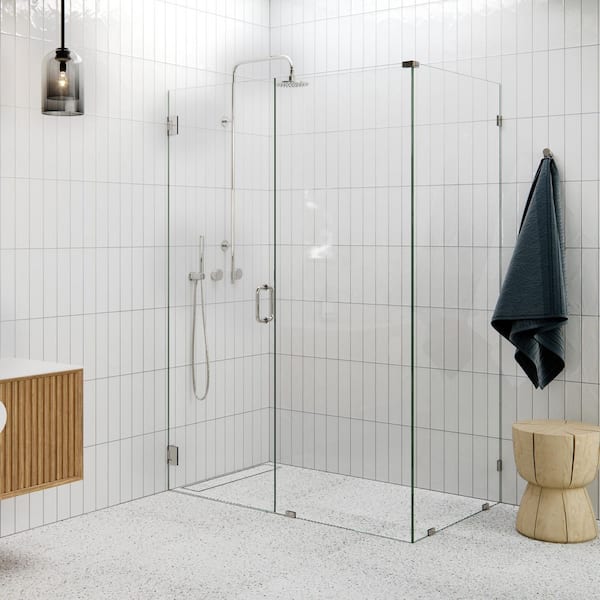 52 in. W x 34 in. D x 78 in. H Pivot Frameless Corner Shower Enclosure in Polished Nickel Finish with Clear Glass