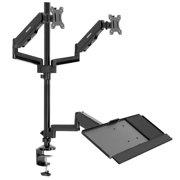 mount-it! 27.5 in. Rectangular Black Standing Desk Converter with Dual Monitor Arm Mount and Keyboard Tray
