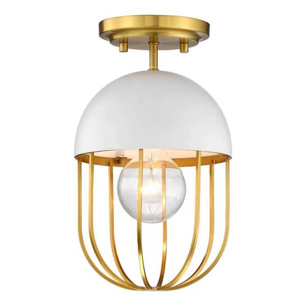 7 in. 1-Light Gold and White Luxe Semi-Flush Mount with Metal Freame Shade and No Bulbs Included