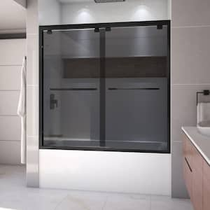 Encore 60 in. W x 58 in. H Sliding Semi Frameless Tub Door in Matte Black Finish with Gray Glass