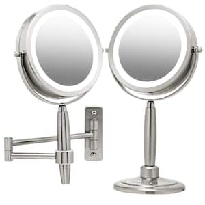 Small Round Nickel Brushed Lighted Tilting 3-in-1 Makeup Mirror Set (16.1 in. H x 5.6 in. W)