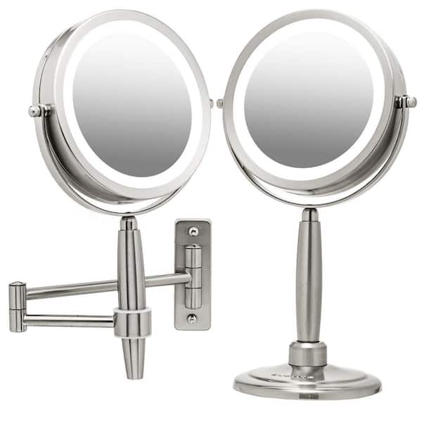 OVENTE Small Round Nickel Brushed Lighted Tilting 3-in-1 Makeup Mirror Set (16.1 in. H x 5.6 in. W)