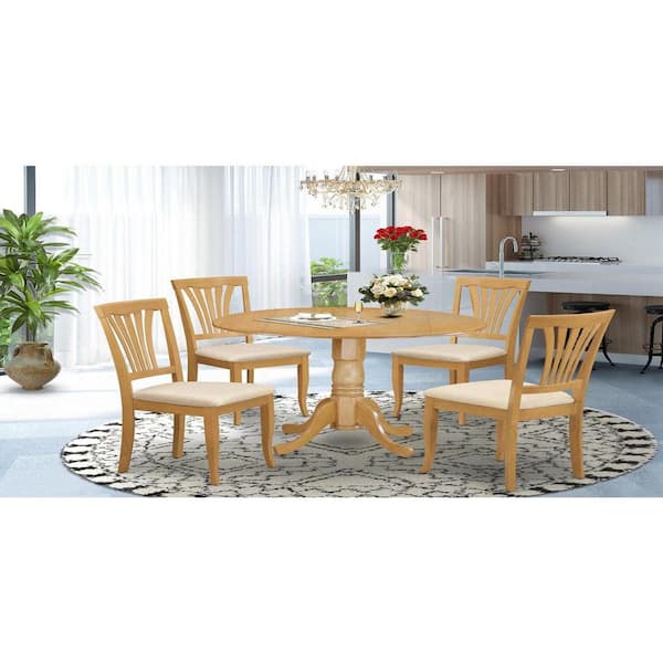 East West Furniture 5-Piece Round Natural Oak Finish Solid Wood Top Dining table with 4 Chairs with Lattice Back