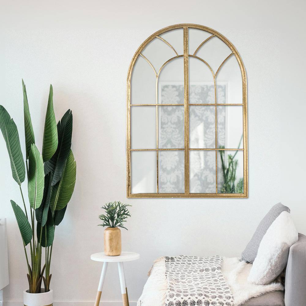 Gold Arched Windowpane Wall Mirror with Wood Frame